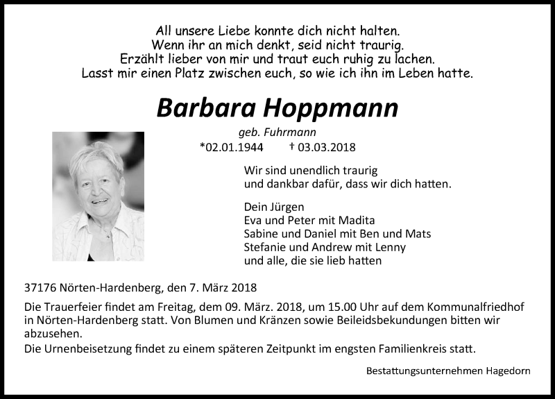  Traueranzeige für Barbara Hoppmann vom 07.03.2018 aus Göttinger Tageblatt