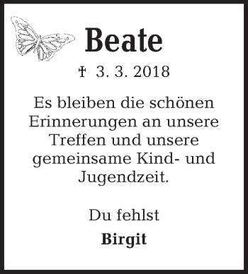Traueranzeige von Beate  von Kieler Nachrichten