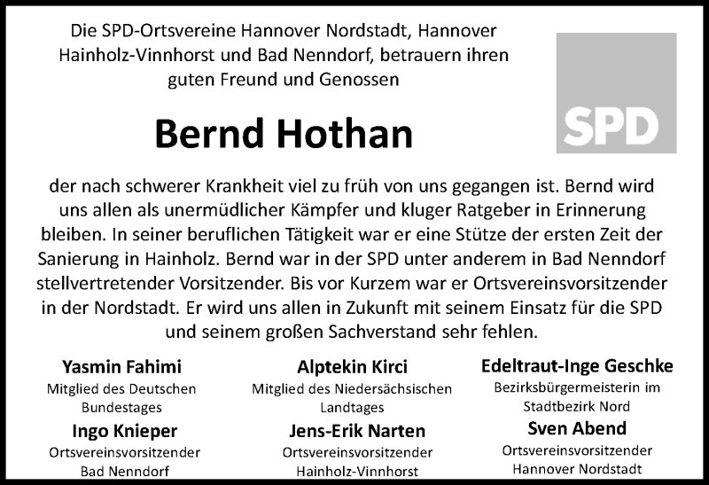  Traueranzeige für Bernd Hothan vom 19.05.2018 aus Hannoversche Allgemeine Zeitung/Neue Presse