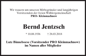 Traueranzeige von Bernd Jentzsch von Märkischen Allgemeine Zeitung