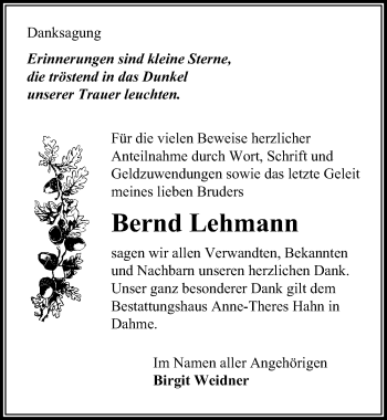 Traueranzeige von Bernd Lehmann von Märkischen Allgemeine Zeitung