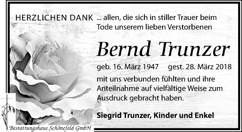  Traueranzeige für Bernd Trunzer vom 19.05.2018 aus Leipziger Volkszeitung