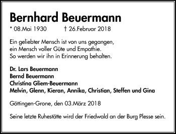 Traueranzeige von Bernhard Beuermann von Göttinger Tageblatt