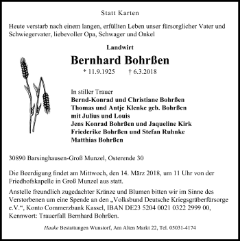Traueranzeige von Bernhard Bohrßen von Hannoversche Allgemeine Zeitung/Neue Presse