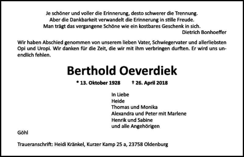  Traueranzeige für Berthold Oeverdiek vom 05.05.2018 aus Lübecker Nachrichten