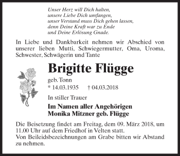 Traueranzeige von Brigitte Flügge von Märkischen Allgemeine Zeitung