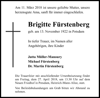 Traueranzeige von Brigitte Fürstenberg von Märkischen Allgemeine Zeitung