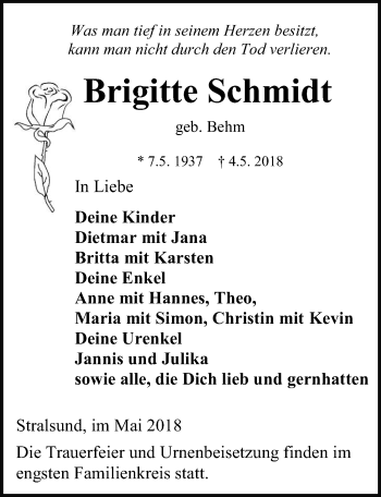 Traueranzeige von Brigitte Schmidt von Ostsee-Zeitung GmbH