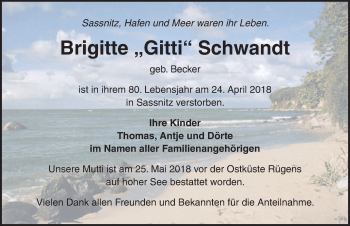 Traueranzeige von Brigitte Schwandt von Ostsee-Zeitung GmbH