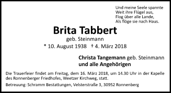 Traueranzeige von Brita Tabbert von Hannoversche Allgemeine Zeitung/Neue Presse