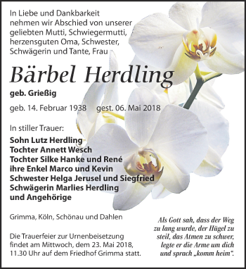 Traueranzeige von Bärbel Herdling von Leipziger Volkszeitung