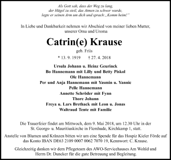 Traueranzeige von Catrine Krause von Kieler Nachrichten