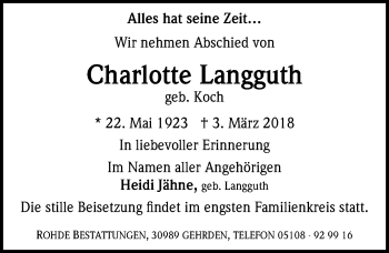 Traueranzeige von Charlotte Langguth von Hannoversche Allgemeine Zeitung/Neue Presse