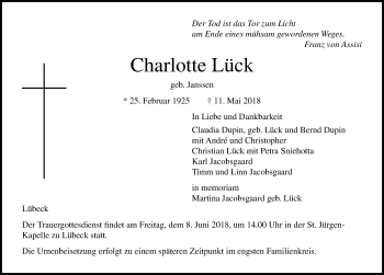 Traueranzeige von Charlotte Lück von Lübecker Nachrichten