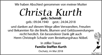Traueranzeige von Christa Kurth von Leipziger Volkszeitung