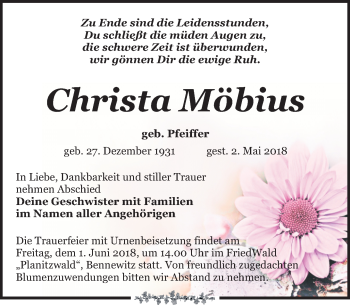 Traueranzeige von Christa Möbius von Leipziger Volkszeitung