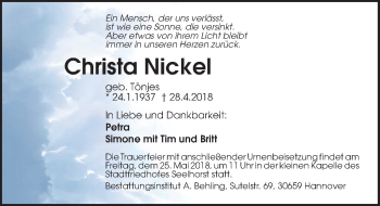 Traueranzeige von Christa Nickel von Hannoversche Allgemeine Zeitung/Neue Presse