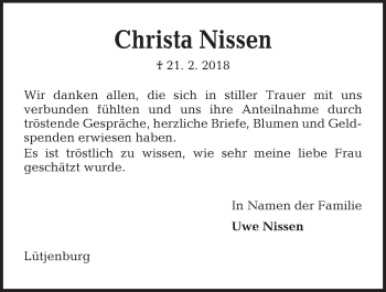 Traueranzeige von Christa Nissen von Kieler Nachrichten