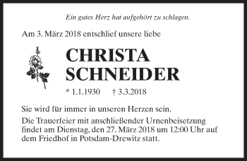 Traueranzeige von Christa Schneider von Märkischen Allgemeine Zeitung