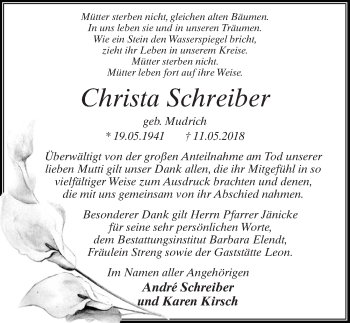 Traueranzeige von Christa Schreiber von Märkischen Allgemeine Zeitung