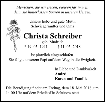 Traueranzeige von Christa Schreiber von Märkischen Allgemeine Zeitung