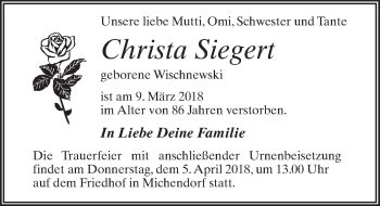 Traueranzeige von Christa Siegert von Märkischen Allgemeine Zeitung