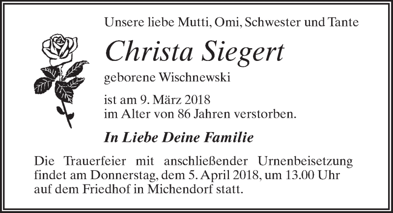  Traueranzeige für Christa Siegert vom 24.03.2018 aus Märkischen Allgemeine Zeitung