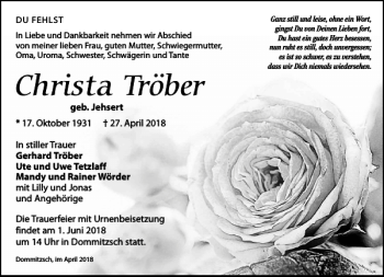 Traueranzeige von Christa Tröber von Torgauer Zeitung