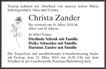 Traueranzeige von Christa Zander von Märkischen Allgemeine Zeitung