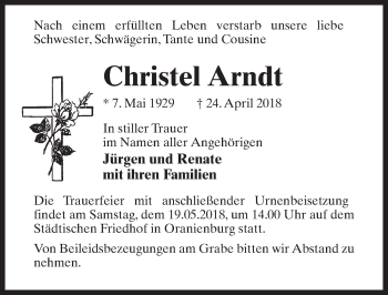 Traueranzeige von Christel Arndt von Märkischen Allgemeine Zeitung