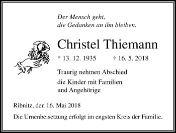 Traueranzeige von Christel Thiemann von Ostsee-Zeitung GmbH