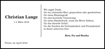 Traueranzeige von Christian Lange von Kieler Nachrichten