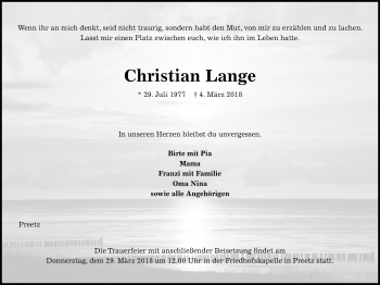 Traueranzeige von Christian Lange von Kieler Nachrichten