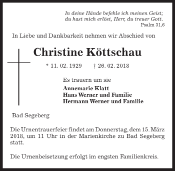 Traueranzeige von Christine Köttschau von Kieler Nachrichten