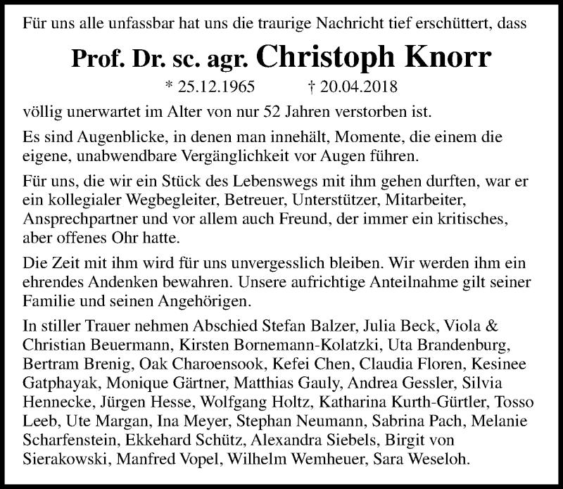  Traueranzeige für Christoph Knorr vom 25.04.2018 aus Göttinger Tageblatt