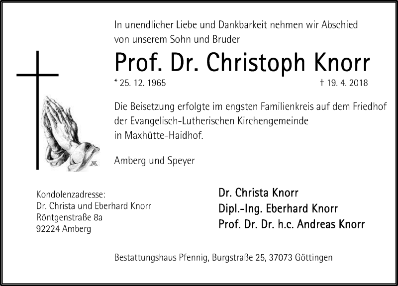  Traueranzeige für Christoph Knorr vom 28.04.2018 aus Göttinger Tageblatt