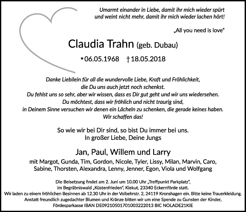  Traueranzeige für Claudia Trahn vom 26.05.2018 aus Kieler Nachrichten