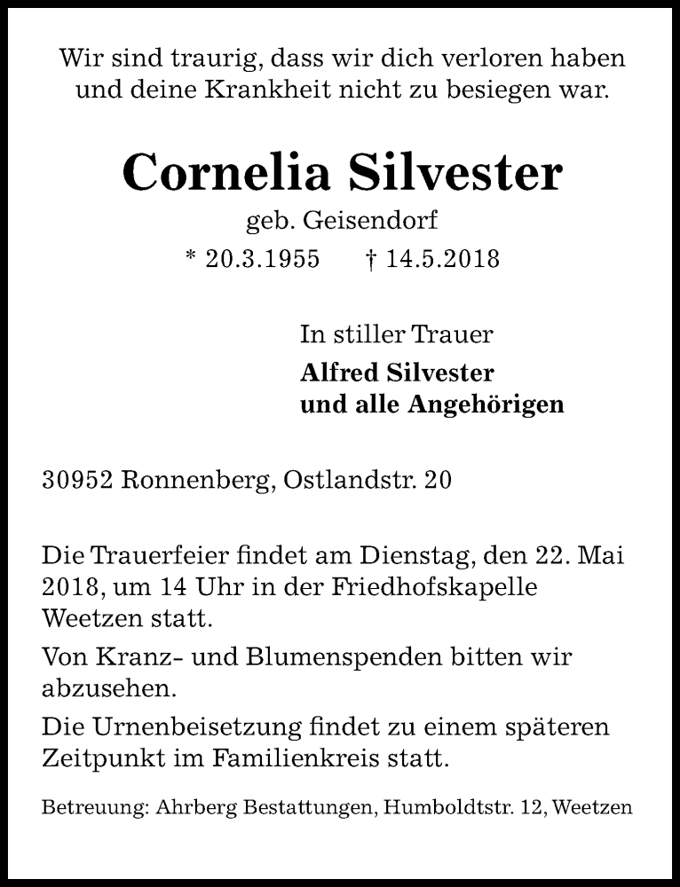  Traueranzeige für Cornelia Silvester vom 19.05.2018 aus Hannoversche Allgemeine Zeitung/Neue Presse