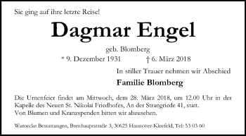 Traueranzeige von Dagmar Engel von Hannoversche Allgemeine Zeitung/Neue Presse