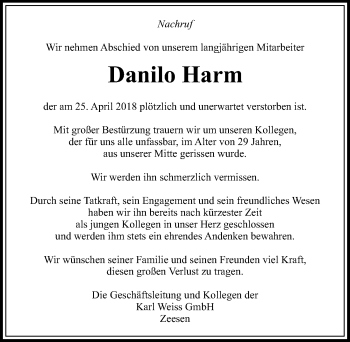 Traueranzeige von Danilo Harm von Märkischen Allgemeine Zeitung