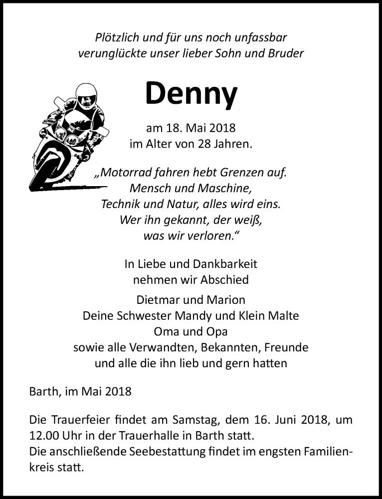  Traueranzeige für Denny  vom 26.05.2018 aus Ostsee-Zeitung GmbH