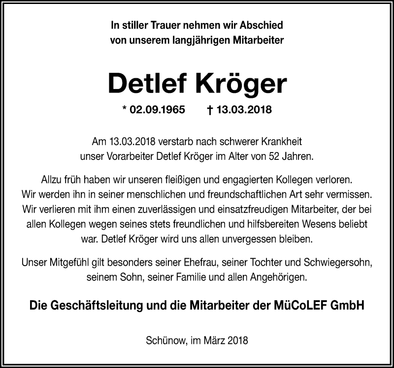  Traueranzeige für Detlef Kröger vom 24.03.2018 aus Märkischen Allgemeine Zeitung