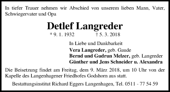 Traueranzeige von Detlef Langreder von Hannoversche Allgemeine Zeitung/Neue Presse