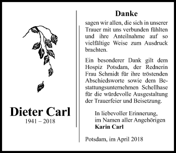 Traueranzeige von Dieter Carl von Märkischen Allgemeine Zeitung