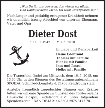 Traueranzeige von Dieter Dost von Kieler Nachrichten