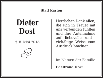 Traueranzeige von Dieter Dost von Kieler Nachrichten