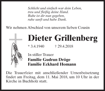 Traueranzeige von Dieter Grillenberg von Märkischen Allgemeine Zeitung