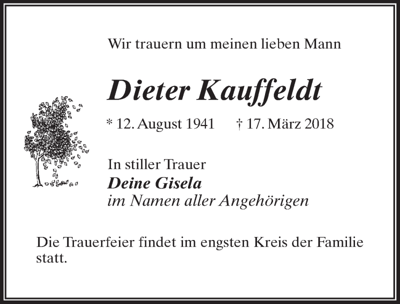  Traueranzeige für Dieter Kauffeldt vom 24.03.2018 aus Märkischen Allgemeine Zeitung
