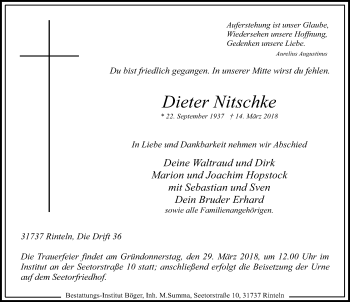 Traueranzeige von Dieter Nitschke von Schaumburger Nachrichten