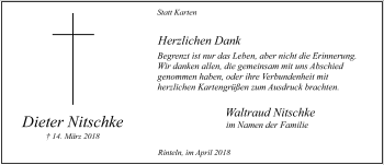 Traueranzeige von Dieter Nitschke von Schaumburger Nachrichten